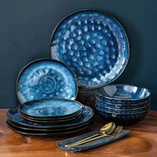 Dinnerware Set Vintage Look Ceramic Blue Stoneware Dinner Service Sets 24Pcs NEW