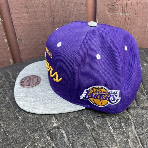 Mitchell & Ness Purple Yellow Script NBA Los Angeles Lakers Snapback Hat Cap - Picture 2 of 5