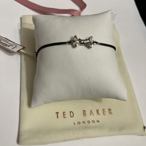 $45 Ted Baker Jet Black Cord Silver Tone Tiny Geo Bow Bracelet a294 - Picture 3 of 5