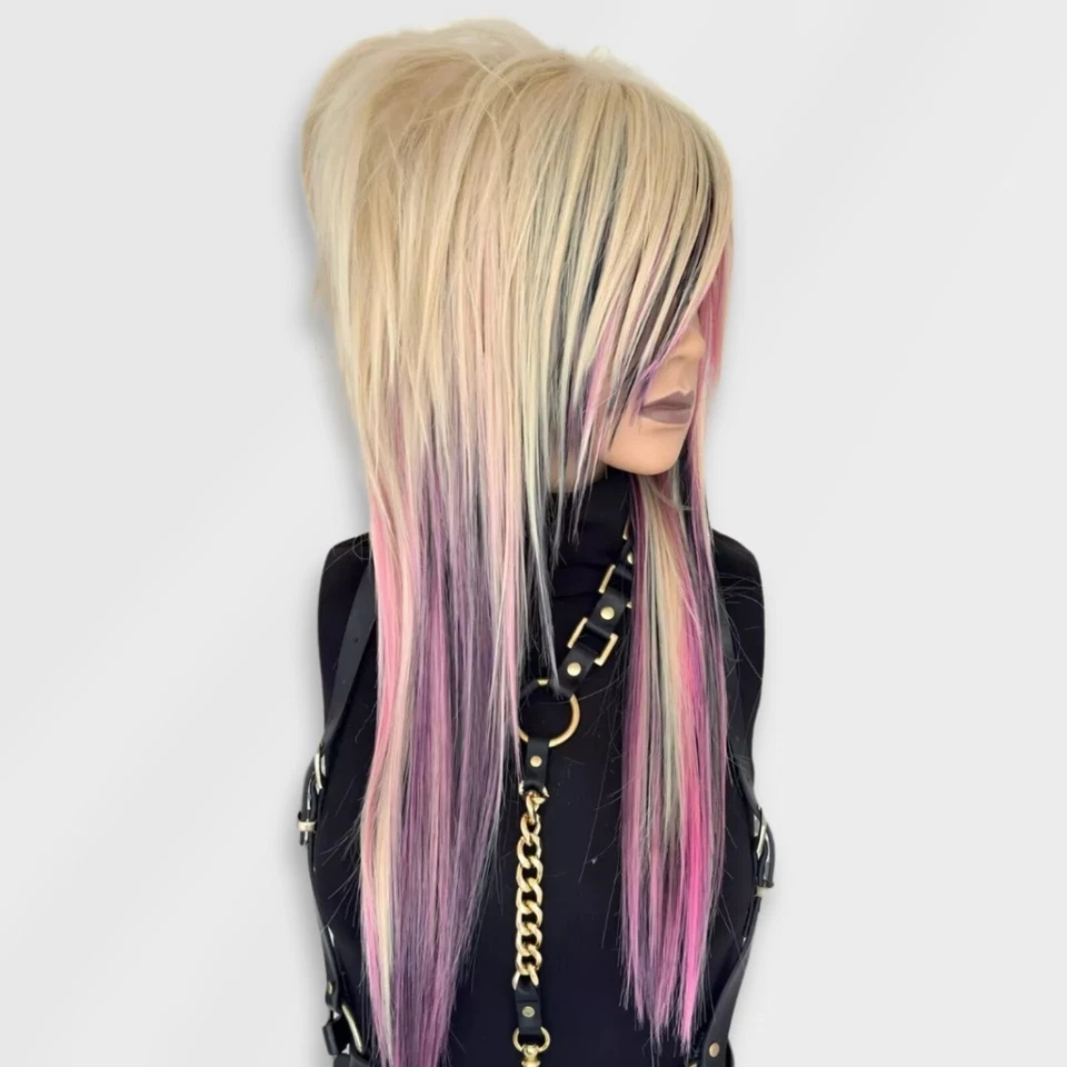 Peluca escena emo rubia rosa negra, peluca peluda de capa con flequillos laterales, peluca punk rockera Foto 3 de 4