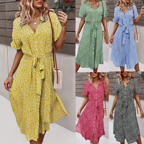 Women Holiday Sexy Short Sleeve Loose Midi Dress Ladies V Neck Summer Sundress - Picture 8 of 13