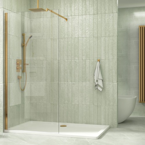 Brushed Brass Walk In Wet Room Shower Screen Panel Cubicle 8mm Easy Clean Glass - Picture 37 of 69