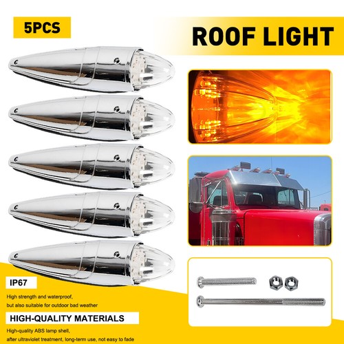 5Pcs Amber Top Clearance Torpedo Cab Marker Lights Chrome LED Truck Roof Lights - Picture 14 of 16