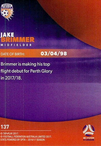 2017 2018 PERTH GLORY A-League Card JAKE BRIMMER - Picture 2 of 2
