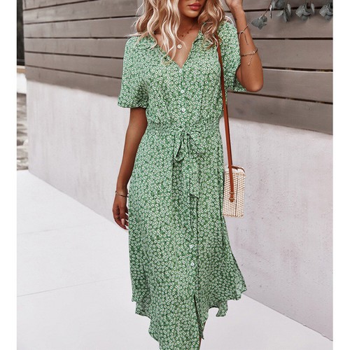 Ladies V Neck Summer Sundress Women Holiday Casual Short Sleeve Loose Midi Dress - Picture 7 of 13