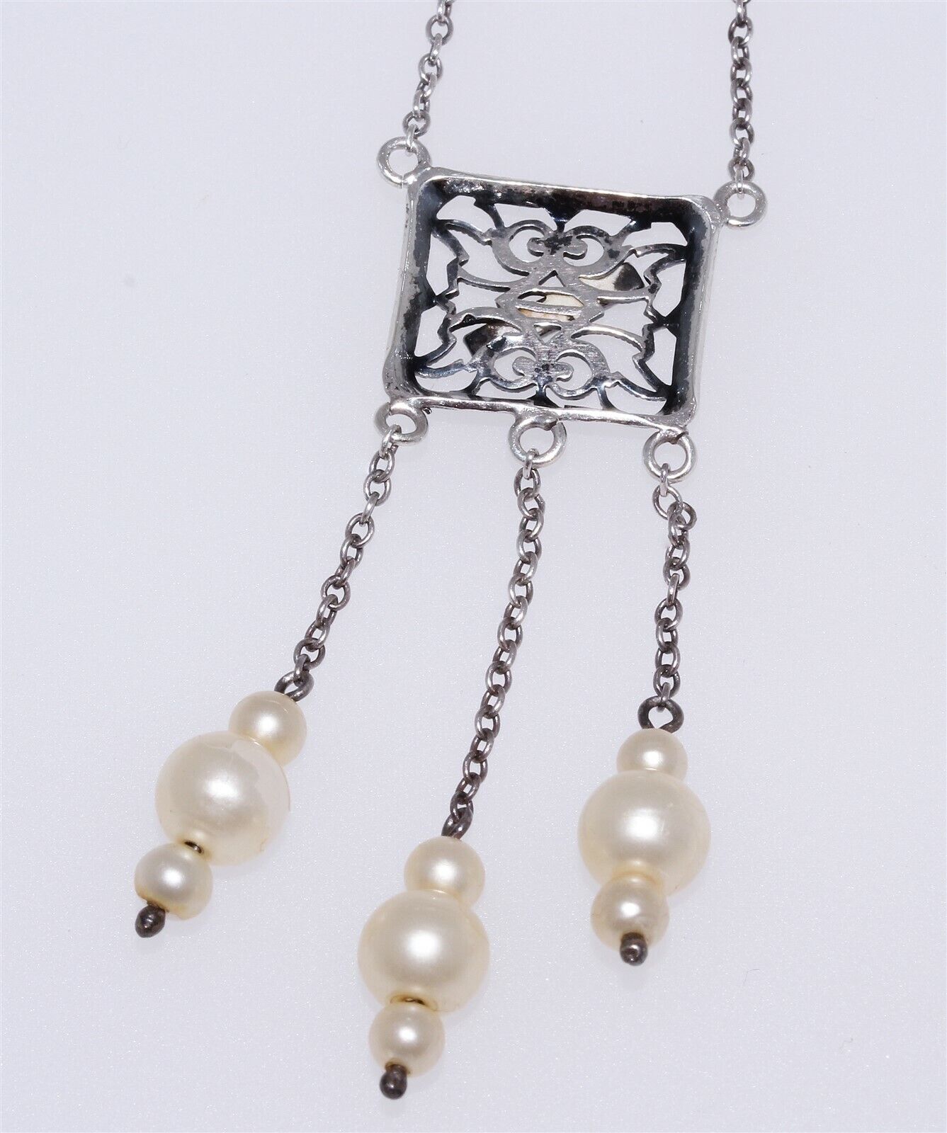 Antique Sterling Silver Faux Pearl Drop Dangle Ne… - image 9