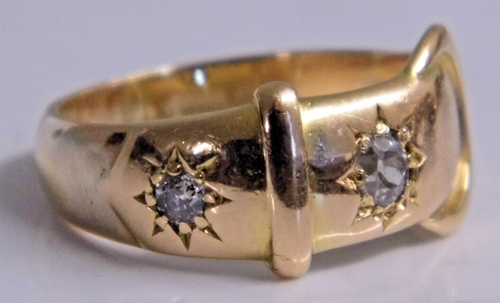 ANTIQUE 18ct GOLD TWO OLD CUT DIAMONDS BUCKLE RING Size O - Picture 2 of 14