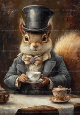 TEATIME SQUIRREL ART PRINT, Cottagecore Wall Decor, Victorian Animal Poster F816