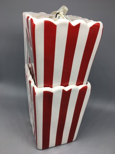 x2 Rae Dunn Movie POPCORN Bowl Set Ceramic Personal Individual Red White Striped - Picture 5 of 9