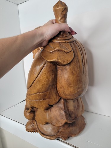Statua Buddha legno intagliato a mano Hotei Budai 20" x 11" pesante risata felice fortunata - Foto 8 di 12