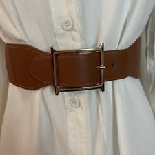 Brown PU leather square buckle elastic waistband belt