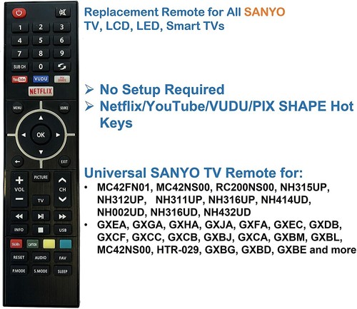 Replacement Remote for SANYO TV, LCD, LED, Smart TV - Picture 2 of 3
