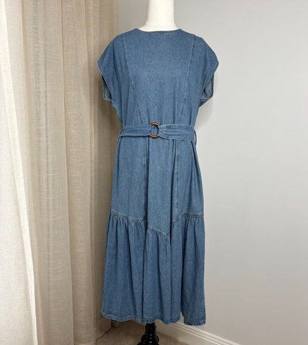 Seed Heritage Denim Maxi Dress Size 12 Blue Chambray Long Belted - Picture 7 of 7