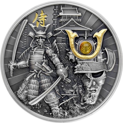 Silbermünze Samurai Warriors 2019 2 oz 5$ Antique Finish mit Golddetail