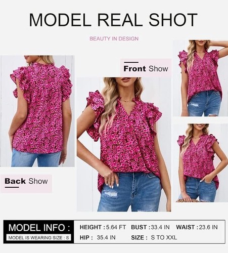 Women's Casual Boho Floral V Neck Ruffle Short Sleeve Loose Blouses Tops size M - Picture 3 of 5