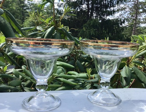 VINTAGE Set 2 GOLD RIM Crystal Sherbet Glasses Compote Dessert double gold line - Picture 1 of 8