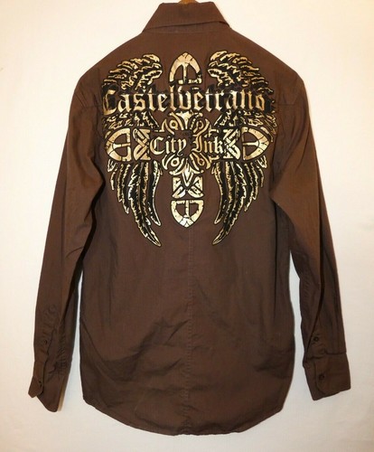 CITY INK Castelvetrano Mens Medium Long Sleeve Shirt Brown Cotton Perfect 33 - Picture 5 of 8