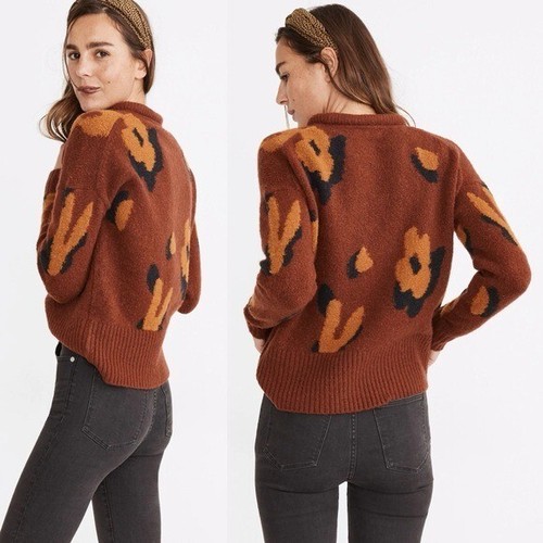 Maglione Pullover Madewell Leopard Intarsiato Fulton in Mogano Macchiato Taglia XL - Foto 2 di 9