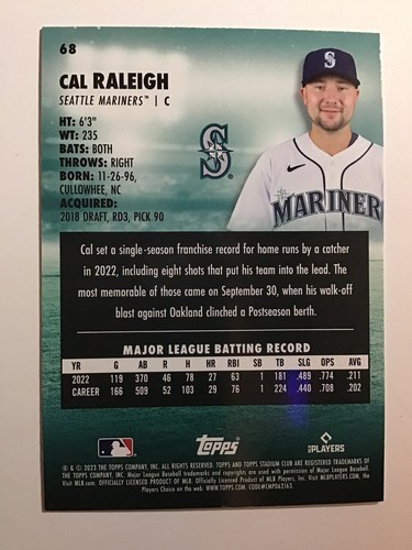 2023 Topps Stadium Club Baseball Cal Raleigh #68 Seattle Mariners MLB - Bild 2 von 2