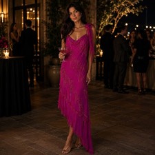 Vintage Sue Wong Nocturne 100 Silk Beaded Bias Slip Dress Magenta Women's 8