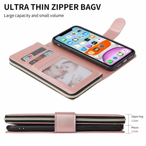 For iPhone 14 13 Pro Max 11 12 XR 7 8 PU Leather Flip Zip Card Wallet Case Cover - Picture 27 of 28