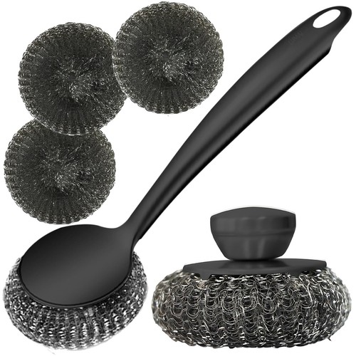 Steel Wool Scrubber Dish Brush with Handle, Deep Cleaning Stainless Steel Scr...