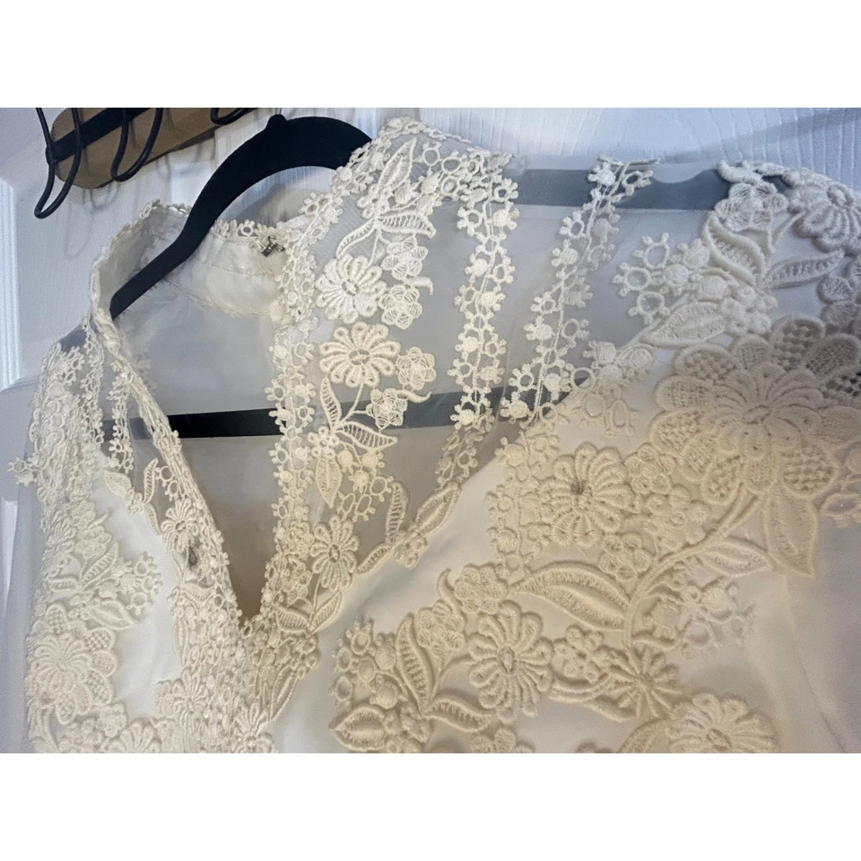 Vestido de novia vintage cosido a mano manga larga encaje superpuesto transparente vestido de novia + velo Foto 3 de 4