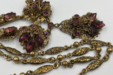 Early Vintage Purple Claw Set Glass Stone Filigree Panels Brass Collar Necklace