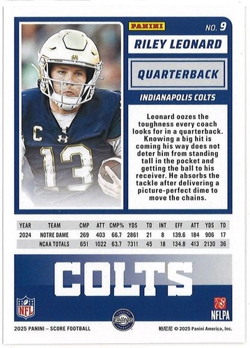 Novato de fútbol americano 2025 Score, #9 Riley Leonard - Indianapolis Colts - Imagen 2 de 2