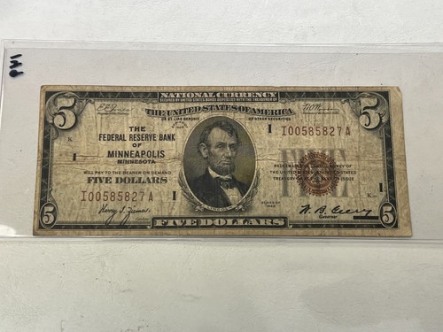 1929 Minneapolis $5 Federal Reserve Bank Note Circulated FR 1850-i V79 - Picture 1 of 2