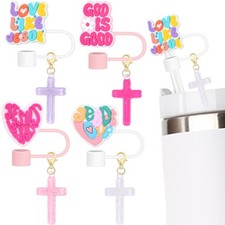 10mm Straw Toppers Set, Pink Jenus Faith Straw Covers Cap with Clip-on Cross ...