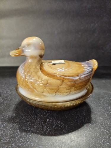 Imperial Glass Caramel Slag Glass IG Duck on Nest Trinket Candy Dish Hen On Nest