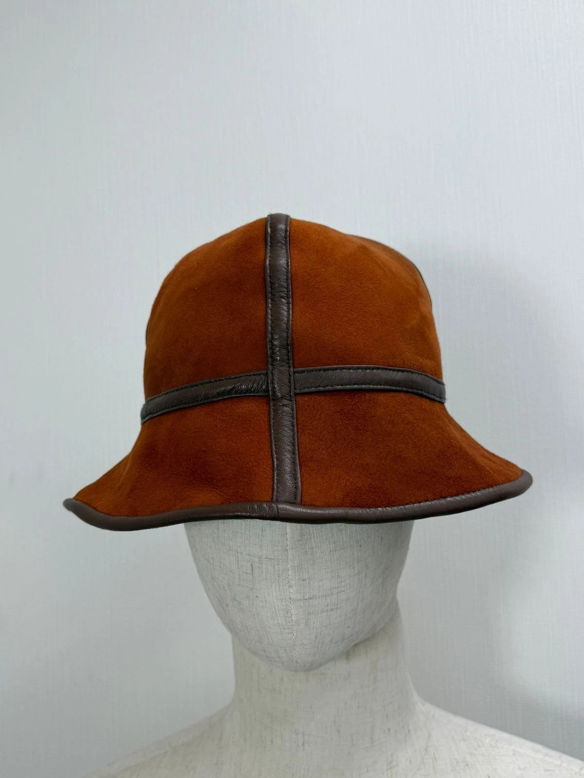 Vintage Shearling Sheepskin Hat Orange with Brown Leather Bucket Winter Cap Warm
Opens in a new wind