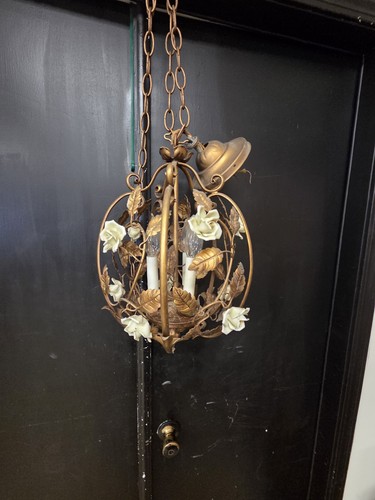 Vintage italienischer Metall gold vergoldet Porzellan Blumen Kronleuchter Lampe muss neu verdrahtet werden * - Bild 3 von 23