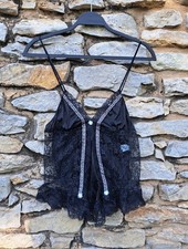 Vtg 80s Babydoll L Top Lingerie Black Nylon Lace Embroidered Pink Roses Ribbon