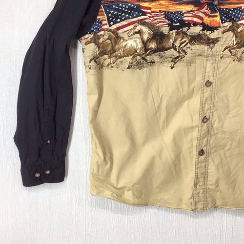Bit And Bridle Men’s Large USA Flag Wild Horses All Over Cowboy Button Down - Picture 3 of 7