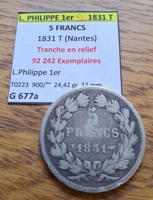 * RARE 92242 Ex * pièce Monnaie 5 frs Francs louis philippe argent Nantes 1831 T - Photo 1/4