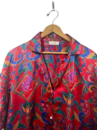 Victoria Secret Vintage Gold Label Satin Button Up Night Shirt Red Floral Sz XL - Picture 2 of 10