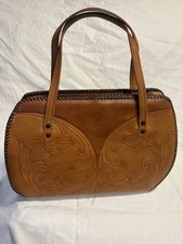 Vintage Hand-Tooled Brown and Tan Leather Satchel Purse with Floral Embossing
