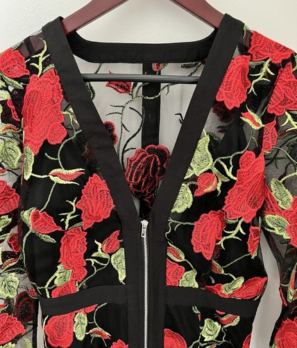 TOBI Black Sheer Mini Dress with Red Embroiled Roses Zip Front Size M - Picture 3 of 7