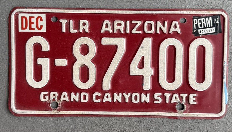 Vintage AZ Perm Tlr License Plate Arizona Lic Permanent Trailer Red White
