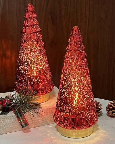 Roter Quecksilber Glas Weihnachtsbaum mit Licht 10" Höhe (2er Set) Neu im Karton