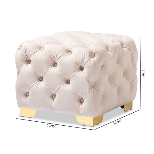 Baxton Studio Avara Modern Tufted Velvet Ottoman in Light Beige and Gold - Picture 6 of 7