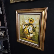 VTG MCM Floral Still Life Painting Robert Cox Signed Oil Canvas Doubled Framed