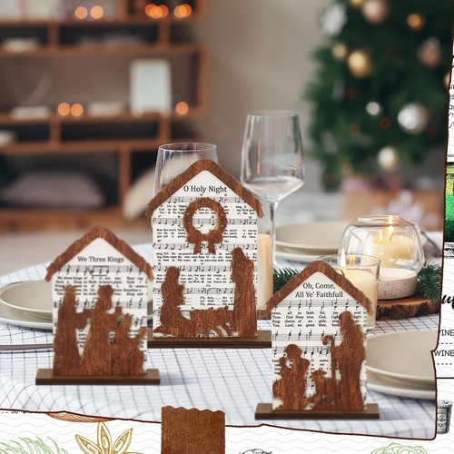 Yousoontic 3 Piezas Partituras Belén Mesa Decoración Madera Navidad Nativo... - Imagen 5 de 6