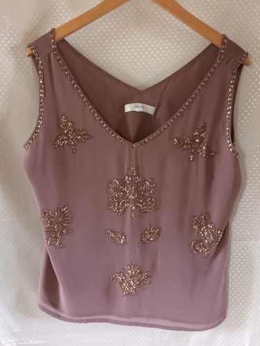 NEXT Plum Sequin Bead Chiffon Lined Sleeveless V Neck & Back Occasion Top UK M - Picture 13 of 14