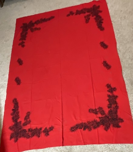 Vintage Christmas Linen Tablecloth Red W/ Black Pinecones 78” X 58” - Picture 5 of 16