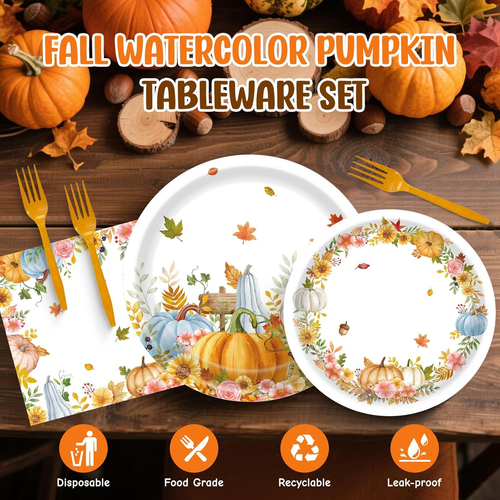 99 Pcs Fall Thanksgiving Plates and Napkins Disposable Tableware Set, Serves 24 - Picture 3 of 12