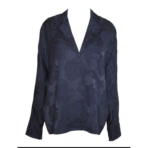 Vince Floral Jacquard Popover Top Oversized Floral Damast Bluse Navy Blau Gr. M - Bild 3 von 11