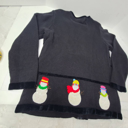 Quacker Factory Womens Cardigan Sweater Gray Ugly Christmas Snowmen Snowflakes M - Picture 7 of 12